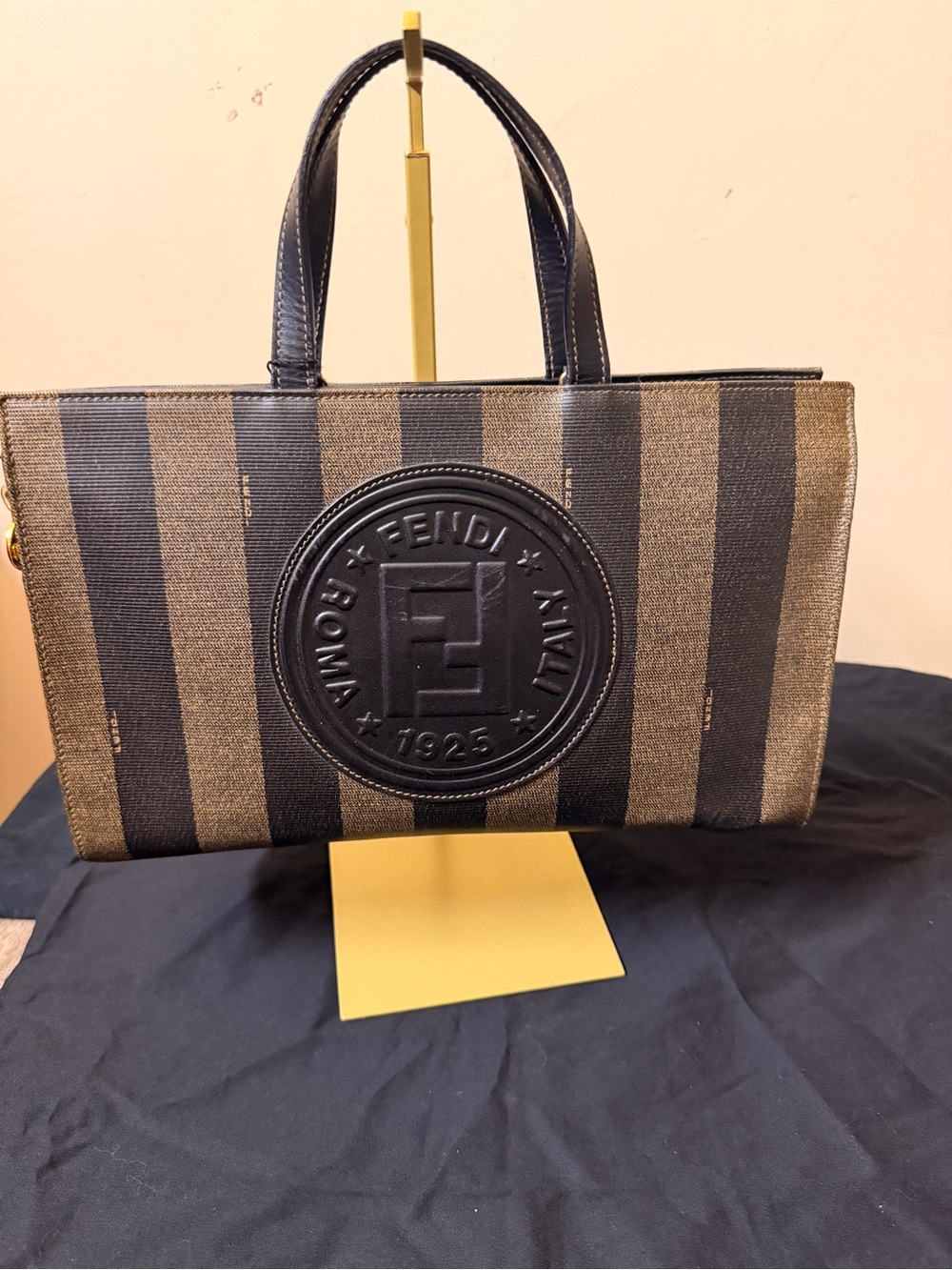 Fendi Brown/Black Pequin Stripe Tote Bag Medium Zip Top Handle Gold Hardware COA